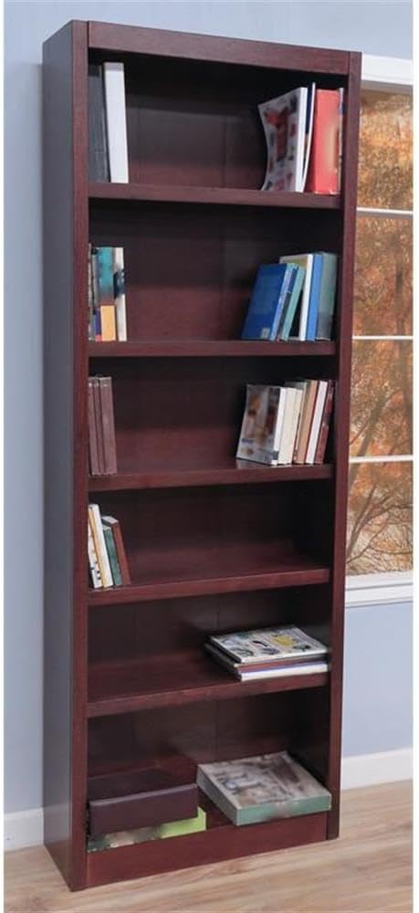 Traditional 84" Tall 6-Bookshelf Wood Bookcase, Cherry Finish, Solid Wood Veneer and Molding, Adjustable and Fixed