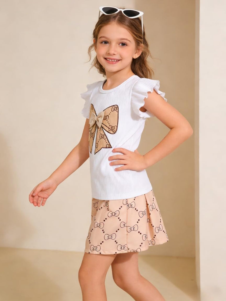 Toddler Girls Clothes Cap Sleeve T-Shirt + Bowknot Print 2pcs Summer Shorts Outfit Set For Girls, Years