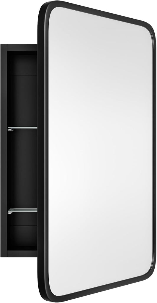Medicine Cabinet with Black Metal Frame Mirror, Overall 16.5"x24" | Bathroom Wood Wall Cabinet with Mirror