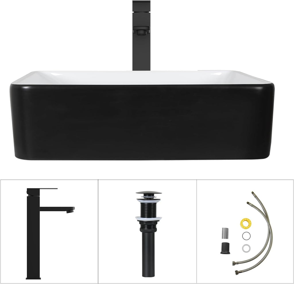 Ceramic Bathroom Sink, Black and White 19" x 15" Above Counter Porcelain Vessel Sink with Black Faucet and Pop up