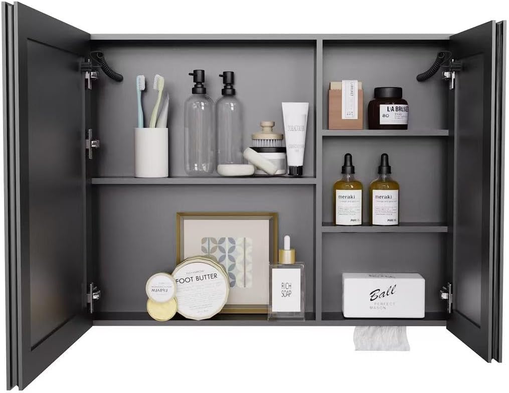 31.50" x 23.62" LED Bathroom Medicine Mirror Cabinet, Wall Mounted Double Door Aluminum Vanity Storage Cabinet with