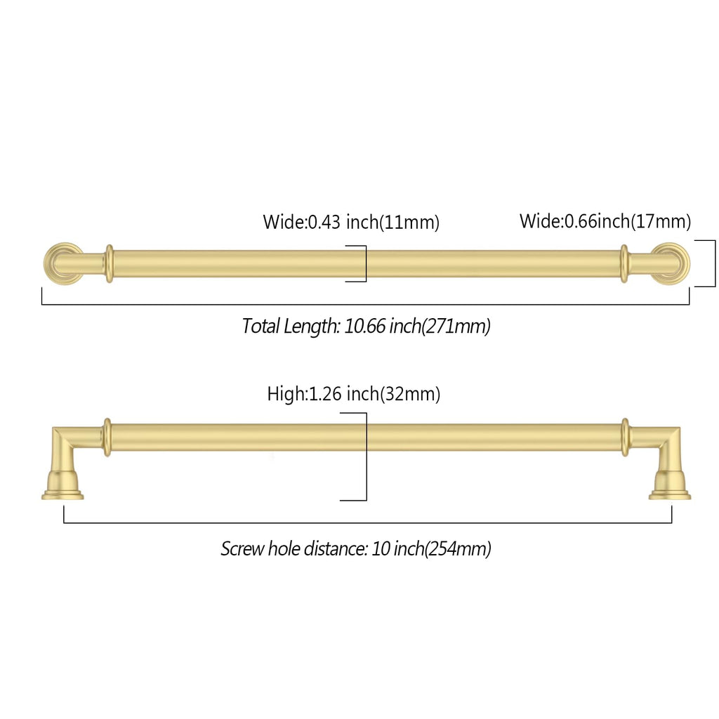 2 Pack 10 Inch(254mm) Brushed Gold Cabinet Pulls Heavy-Duty Solid Kitchen Cabinet Handles Gold Dresser Drawer