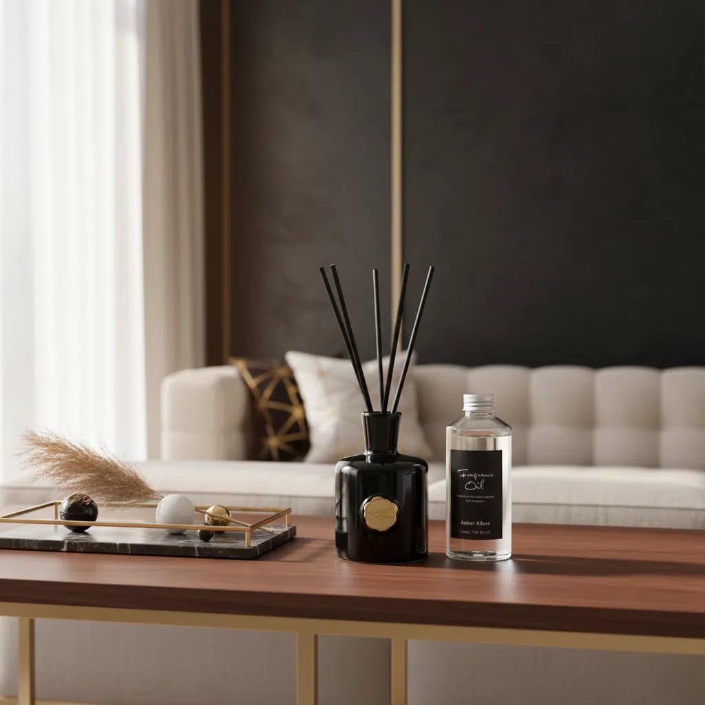 Oud & Bergamot Reed Diffuser, Long Lasting Essential Oil Fragrance - Set of 7