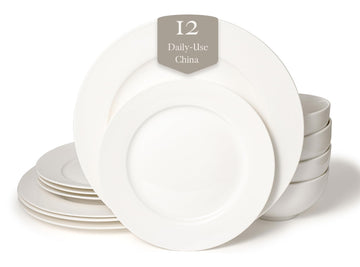 Bone China 12 Piece Dinnerware Set, Santorini Collection (Pure), White, Daily Use China, Tableware Service for 4