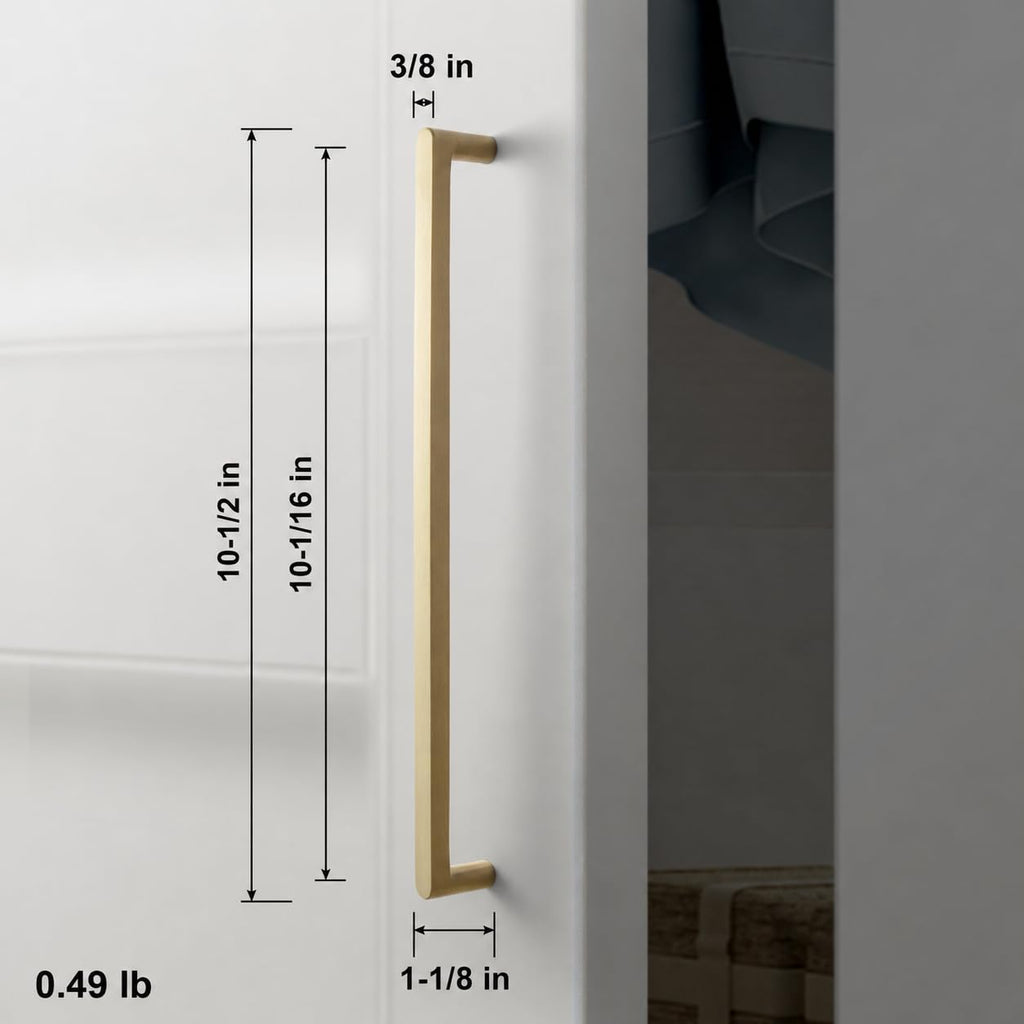Brushed Brass Cabinet Pulls, 10 Inch (256mm) Hole Centers, 6 Pack Solid Brass Bar Handles, Slim Modern Hardware