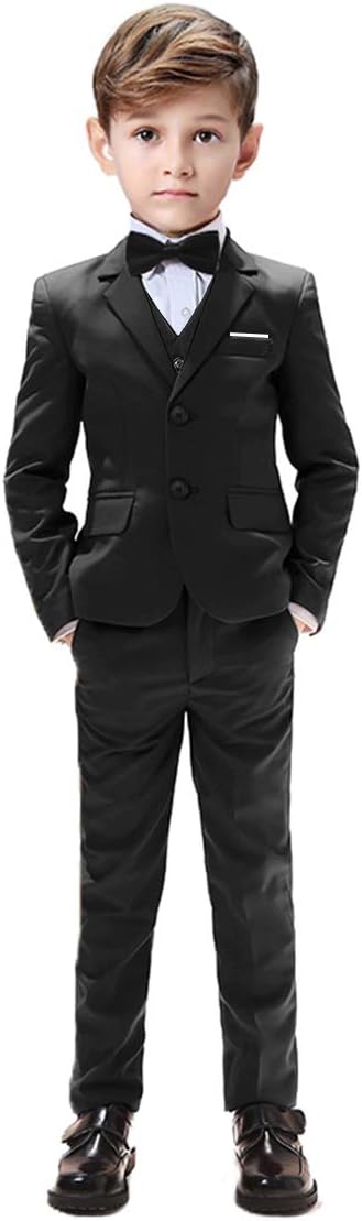 Boys Formal Suits 5 Pieces Slim Fit Toddler Tuxedo with Adjustable Waist