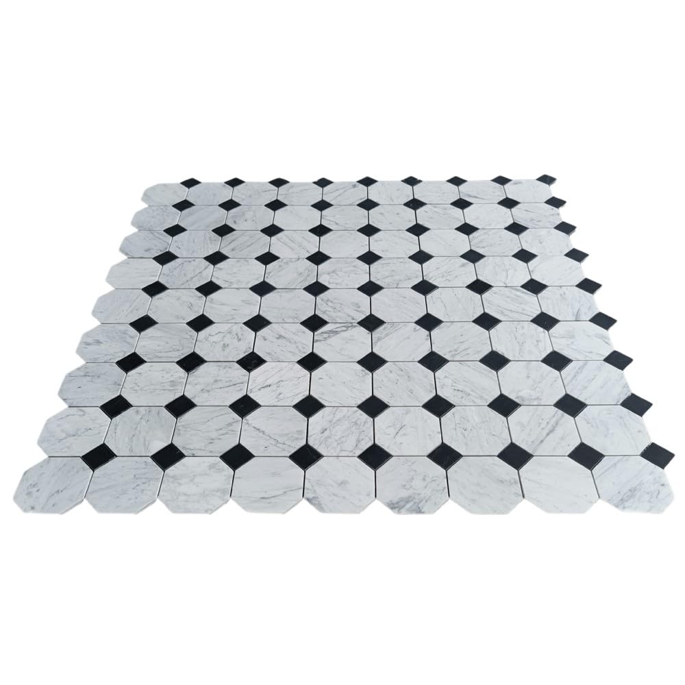 Carrara White Marble 4 inch Octagon Mosaic Tile w/Nero Marquina Black Dots Honed Kitchen Bath Wall Floor Backsplash
