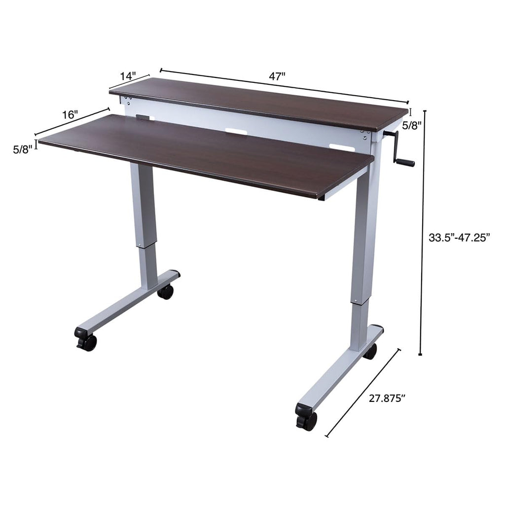 Crank Adjustable Tier Standing Desk with Heavy Duty Steel Frame (Silver Frame/Dark Walnut Top, 48in Wide)
