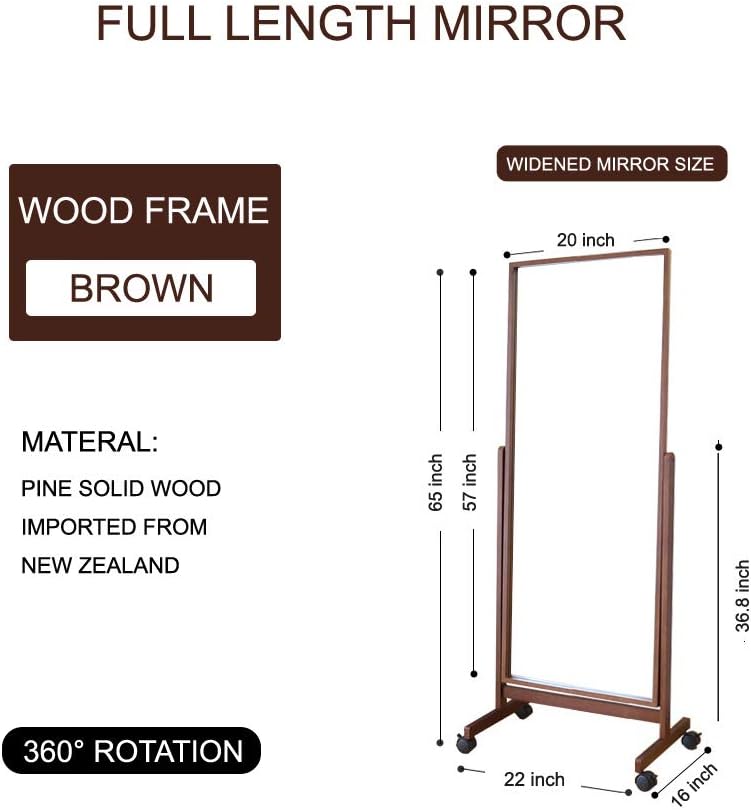Swivel Full Length Mirror On Wheels 65"X22", Free Standing Wood Frame Cheval Floor Mirror for Dressing, Full Body with