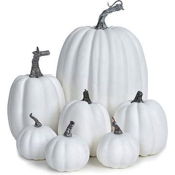 Assorted Artificial White Pumpkin, 7pack Faux Foam Harvest for Fall Decor