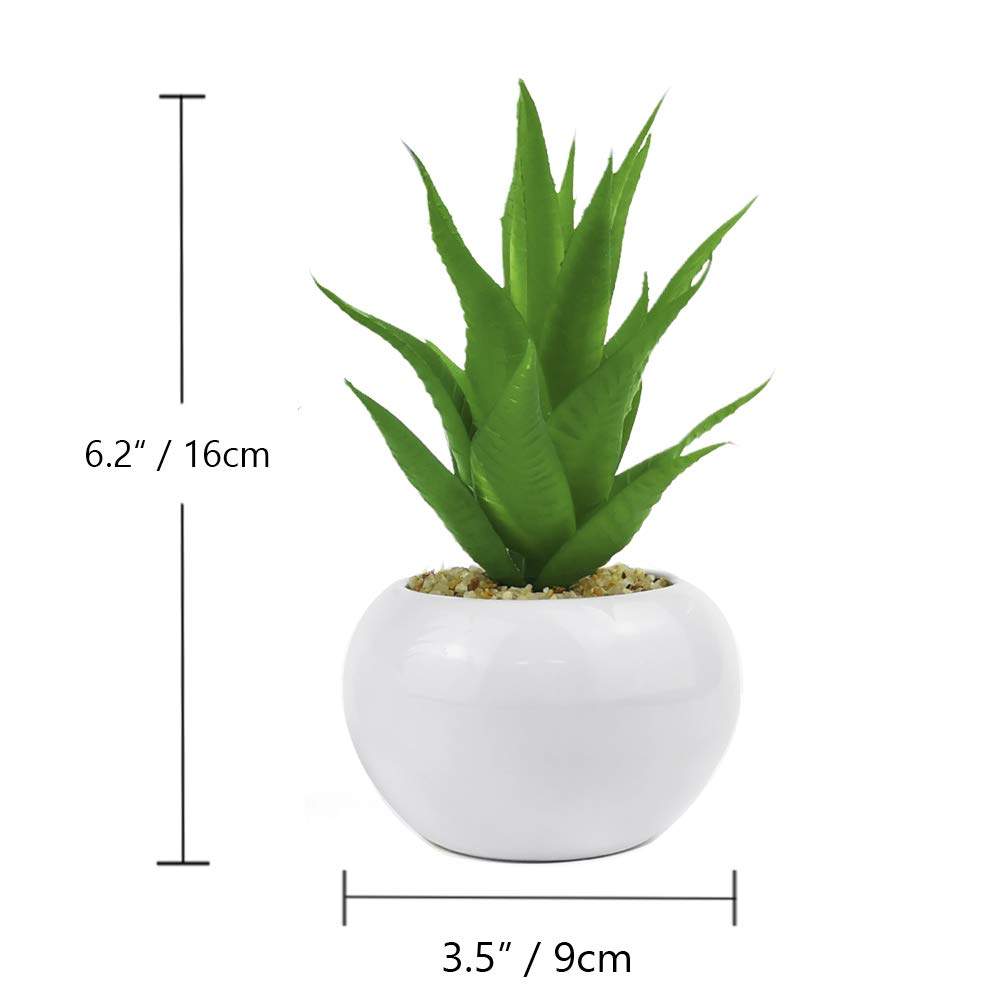 Small Artificial Plants in Ceramic Pots, Aloe Faux Greenery 2 pcs Set 3.5" x 6.2"(D x H)