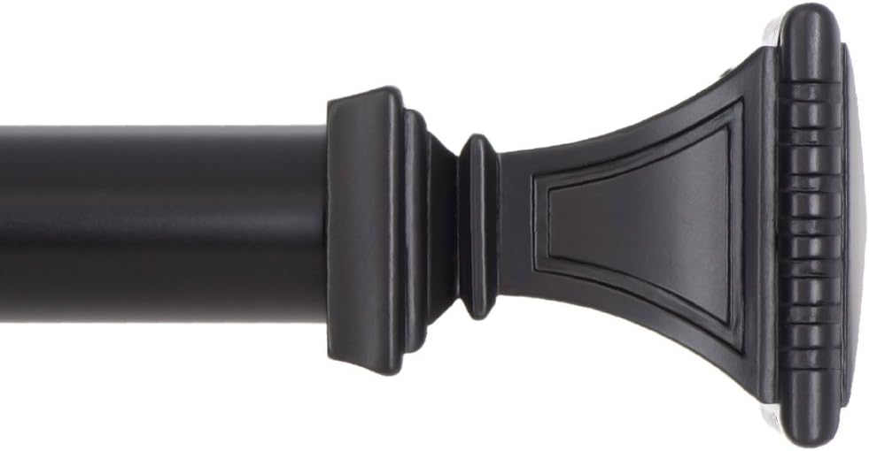 Decorative Window Curtain Rod - Carved Square Finials, 1 1/8 in Rod, 28 to 48 in. Black