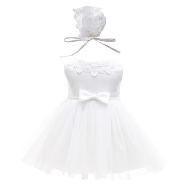 Baby Girls White Christening Dress With Bonnet Newborn Baptism Gown Lace Dress for Wedding Birthday (White, )