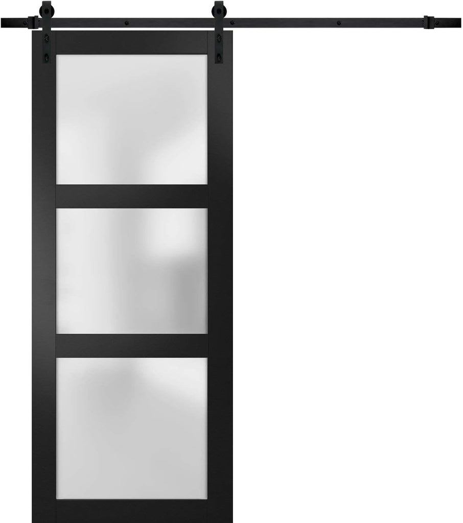 Lucia 2552 | Interior Single Sliding barn Door with Frosted Glass, Solid Wood, 32x84, Black, Modern 