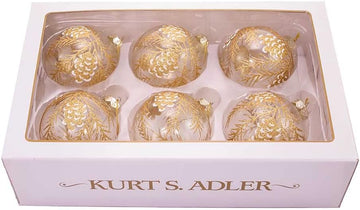 80MM Clear with Gold Pinecones Glass Ball Ornaments, 6-Piece Set