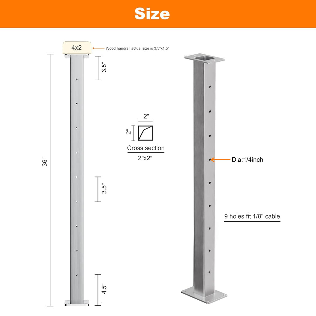 2 Pack Stainless Steel Cable Railing Post(2"×2") with 1/8 Cable Railing Kit, Level drilled (2, Silvery, 36 inch)