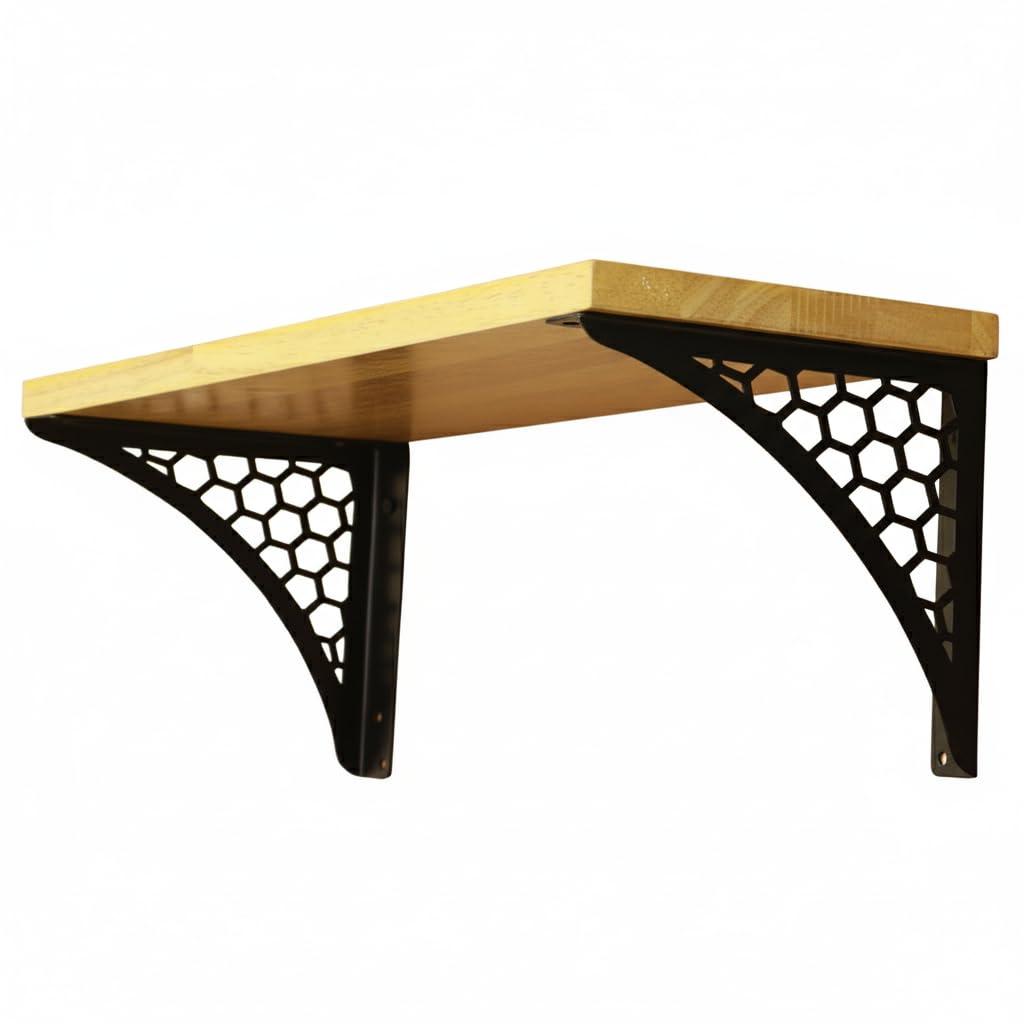 Wall Shelf with Wooden Top Black|White Iron Brackets Storage Rack|Industrial Wall-Mounted Floating Shelf (Black