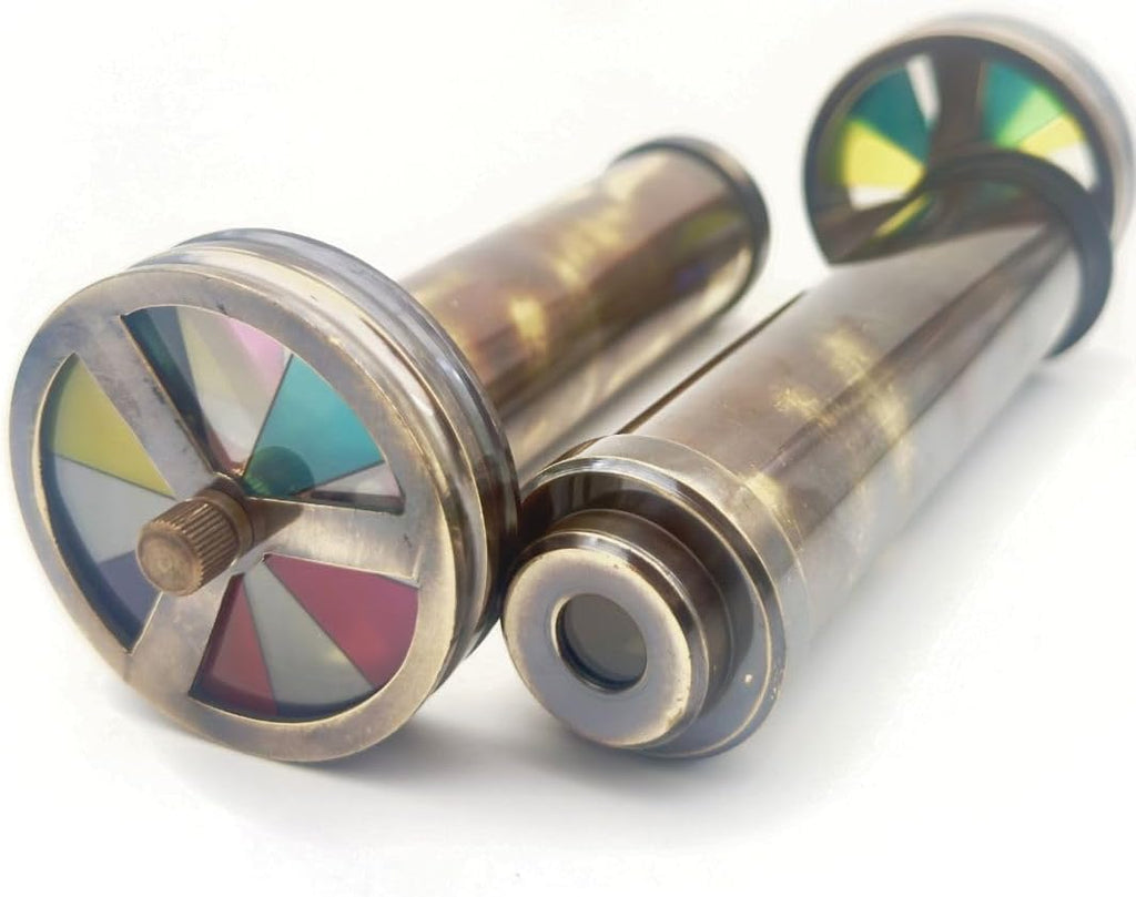 Handcrafted Etched Floral Brass Kaleidoscope - Vintage Lacquered Collectible with Dual Turning Wheels - Antique