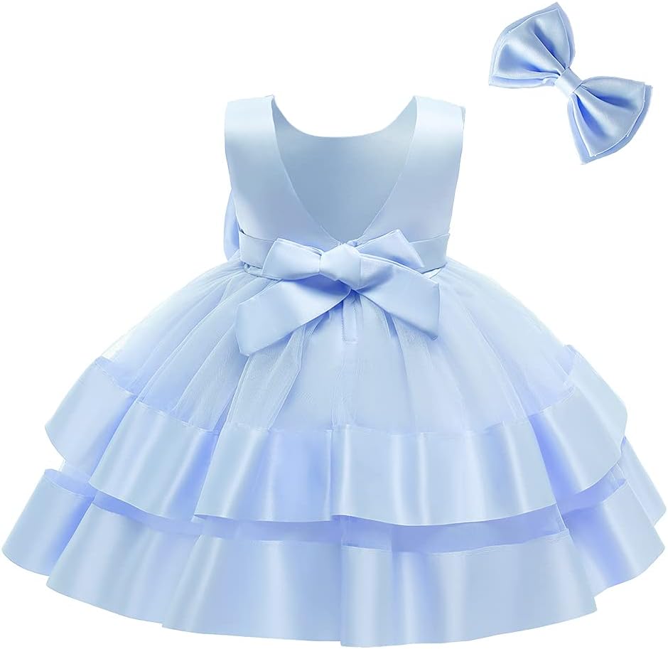 Baby Girls V Backless Flower Dress Pageant Party Wedding Gown Dresses with Hair Bow
