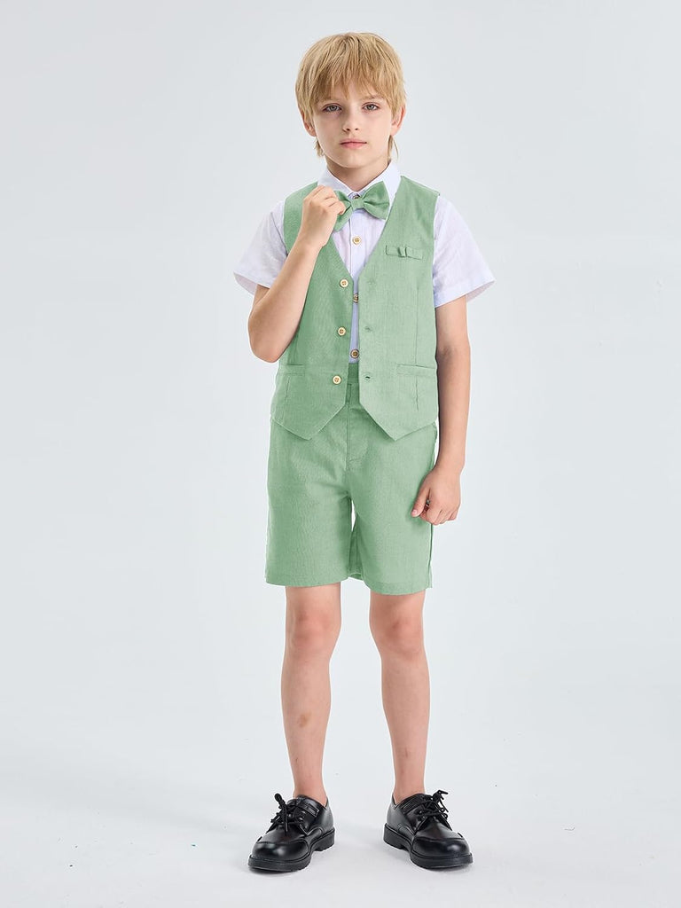 Boys Linen Suit 4 Piece Summer Gentleman Outfit Kids Shorts Set