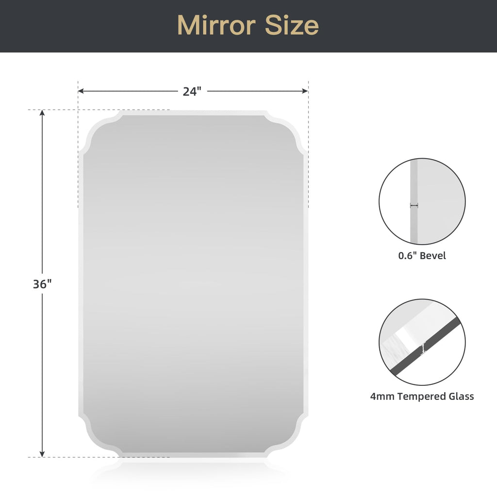 Beveled Scalloped Frameless Bathroom Mirror, 24" x 36" Beveled Bathroom Mirrors with Rectangle Shaped, Frameless