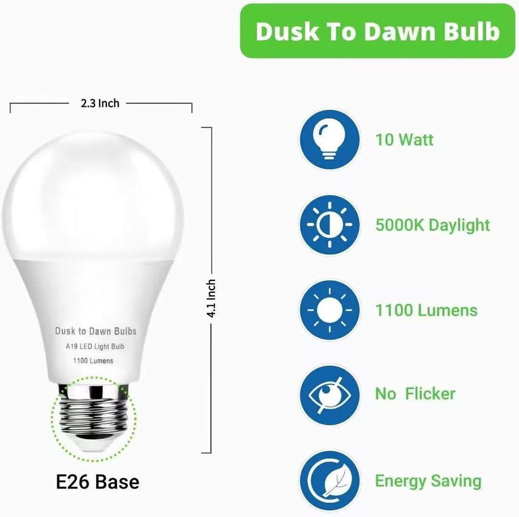 6 Pack Dusk to Dawn Light Bulbs Outdoor, Sensor A19 LED Light Bulb, Auto on/Off Photocell Automatic for Outdoor