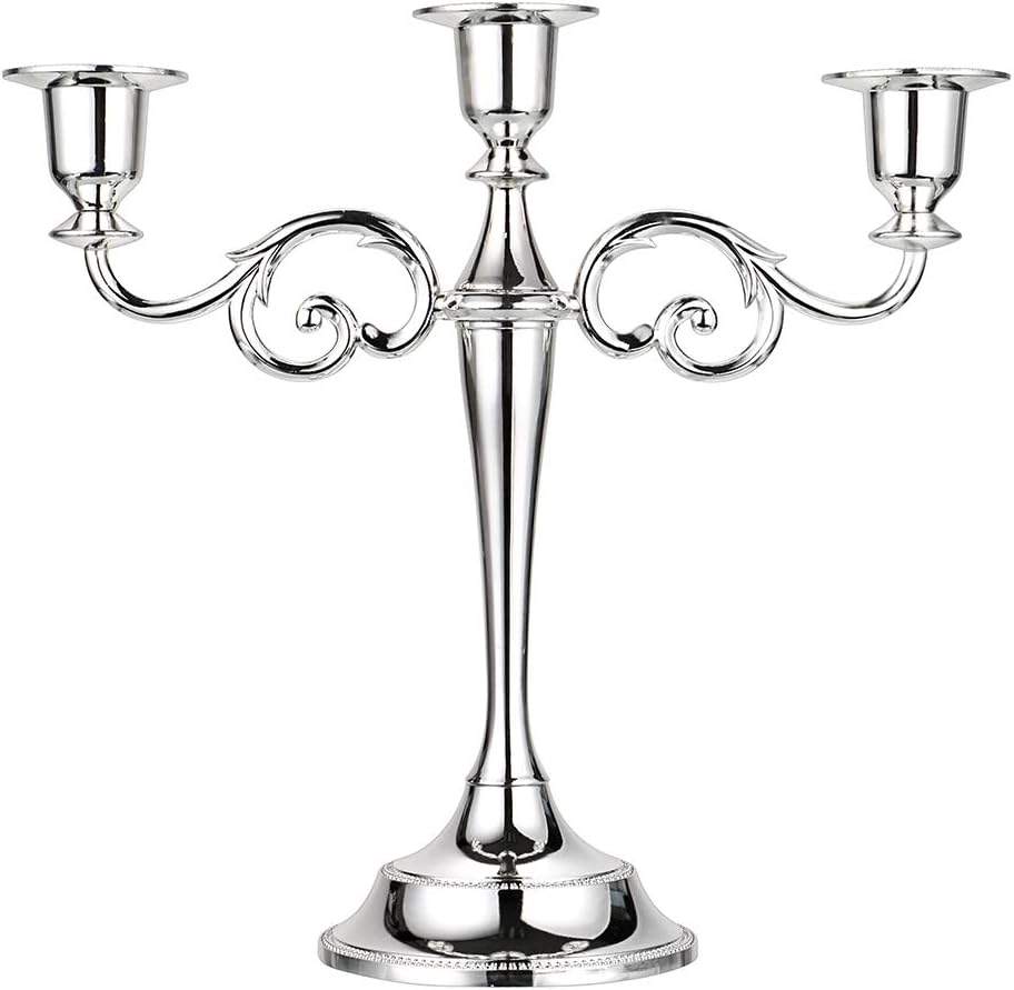 3 Arms Metal Candelabra Candlestick Silver European Elegant Candle Holder Candle StandHome Decoration (Silver Tone)