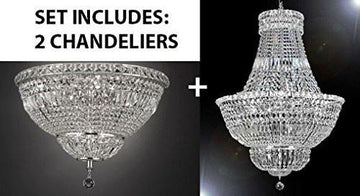 Set Of 2 - French Empire Crystal Chandelier Lighting H36" W30" + Flush Basket French Empire Crystal Chandelier Lighting H22" W30" - Good For The Dining Room Foyer Hallway Bedroom Kitchen - 1Ea-CG/454/14+1Ea-Flush/CG/454/14