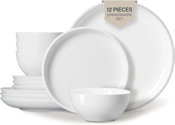Plates and Bowls Set 12 Pcs,Stoneware Dinnerware Sets for 4 Microwavable,Oven & Dishwasher Safe Porcelain,Scratch