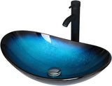 Blue Tempered Glass Vessel Sink with Faucet and Drain 21 Inch Oval Bathroom Sink Above Counter, Bathroom Basin Bowl Sink