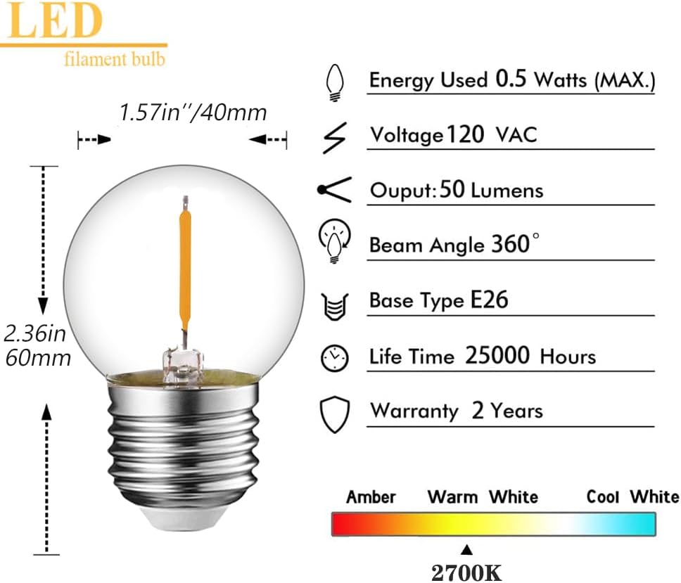 LED Filament Mini Globe Light Bulbs 0.5W Equivalent to 5 Watt Incandescent - E26 Medium Base 2700K Warm