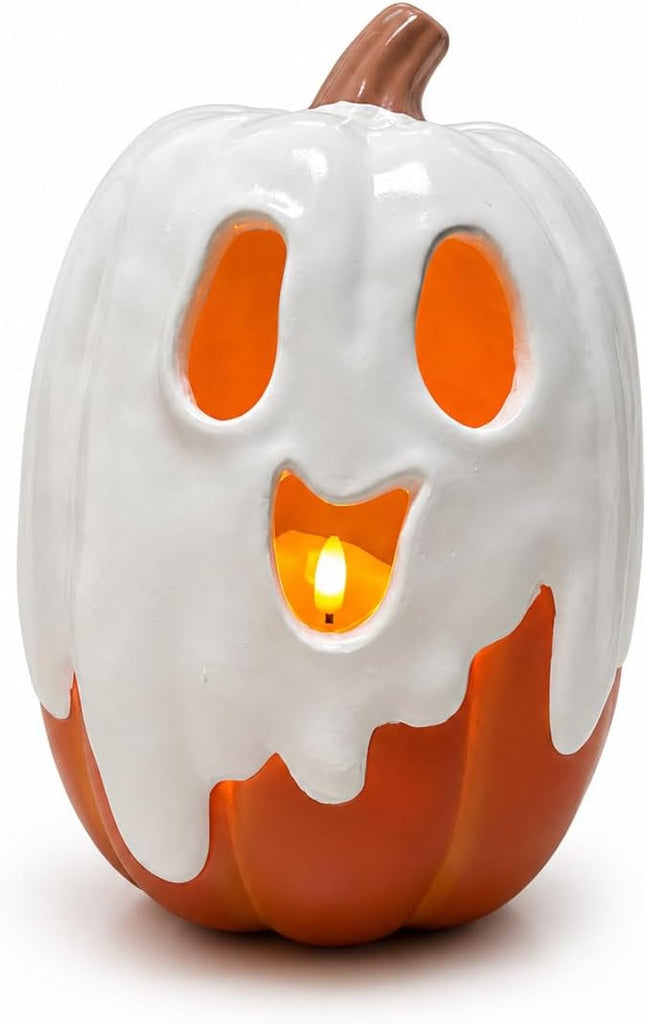 Halloween Decorations - 9.45" H Resin Ghost Pumpkin with Flameless Candle Outdoor - Cute Spooky Decoration