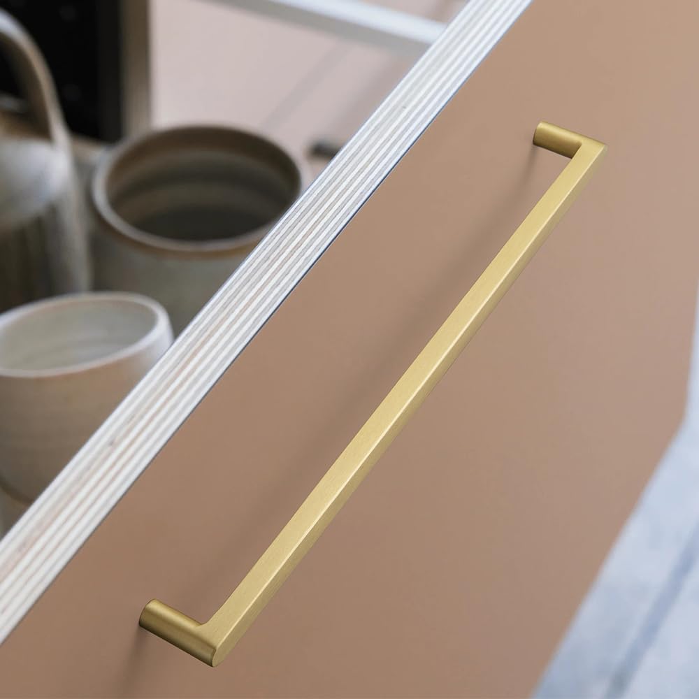 Brushed Brass Cabinet Pulls, 10 Inch (256mm) Hole Centers, 6 Pack Solid Brass Bar Handles, Slim Modern Hardware