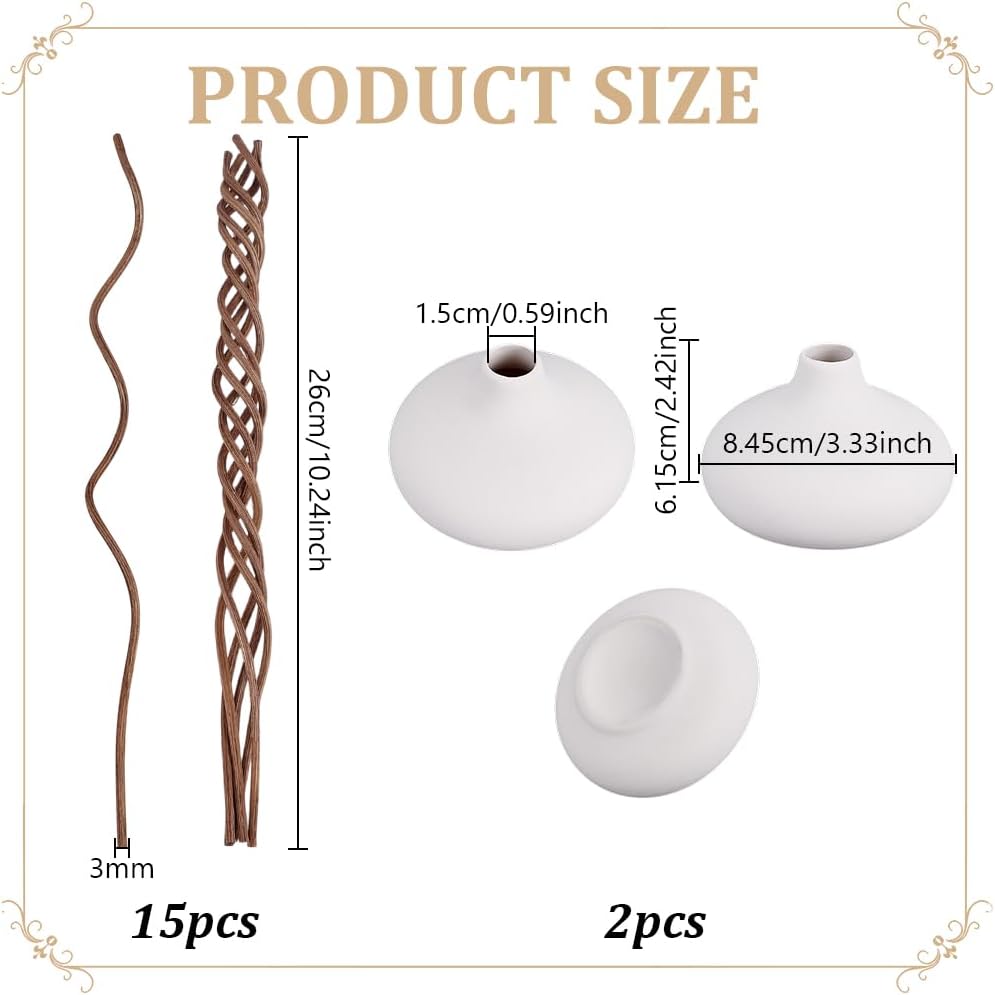 White Ceramic Vase Pottery Decorative Flower Vases with Brown Wavy Rattan Reed Diffuser Sticks Small - Set of 2