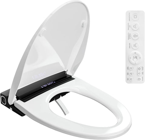 Electric Elongated Smart Heated Toilet Seat with Warm Water, Air Dryer, Feminine and Child Wash, Wireless Remote, Self-Cleaning Stainless Steel Nozzle, Adjustable Water Pressure