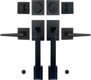 Matte Black Double French Door Handle Set, Halifax Exterior Door Lockset with Deadbolt&Lever - Door Handleset