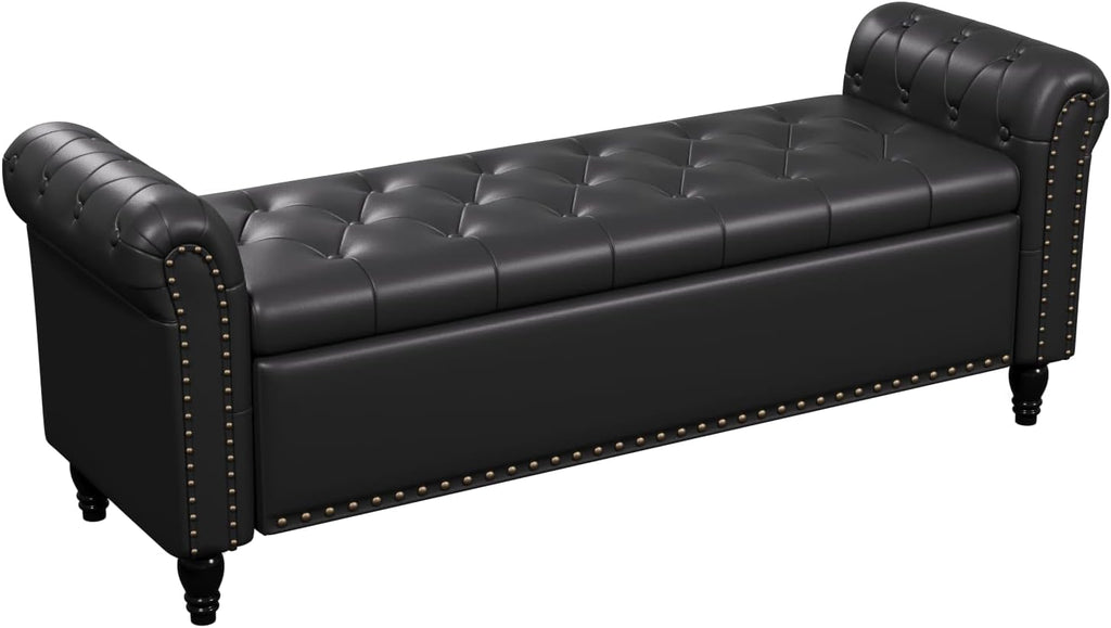 65 Inch Bedroom Bench, End of Bed Bench with Storage, Black | Bed Benches for Foot of Bed, Faux Leather Window Bench
