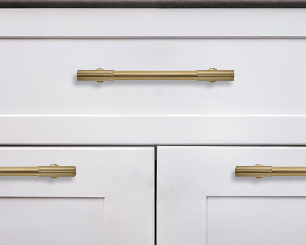 8 Inch Hole Center 5 Pack Brushed Brass Heavy Duty Solid Warm Brass Cabinet Pulls, Kitchen Drawer Handles, for
