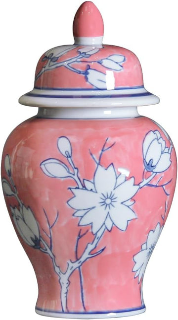 Pink Floral Ceramic Ginger Jar with Poetry Design, Hand-Painted White Blossoms on Pink Background, Decorative Vase