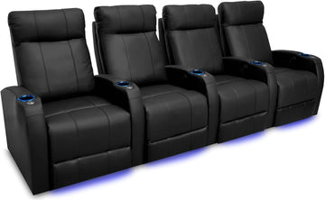 Syracuse Home Theater Seating | Premium Top Grain Nappa 9000 Leather, Power Recliner, LED Lighting (Row of 4, Black)