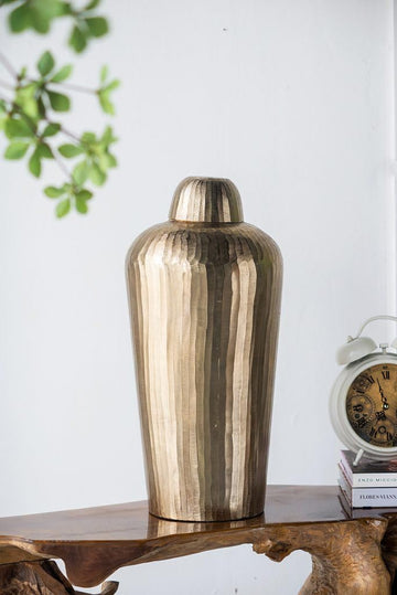 22" Tall Metal Chisel Jar with Lid, Transitional Home Decor Jar, Large Gold Lidded Jar, for Tabletop, Countertop