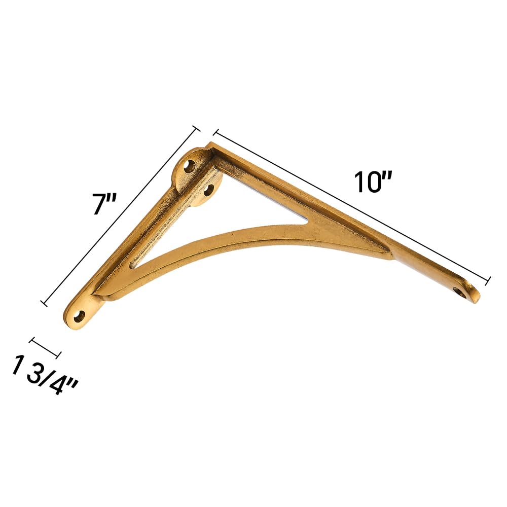 100% Solid Brass Decorative Shelf Brackets, 10-inch Wall-Mounted Shelving Brackets, 2-Pack Antique Brass Vintage