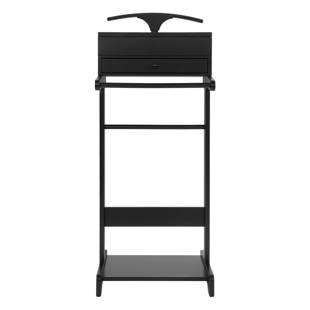Wooden Valet Stand for Men, Black Suit Valet Stand with Drawer, Suit Rack, Shoe Shelf, Valet Clothes Stand Clothing