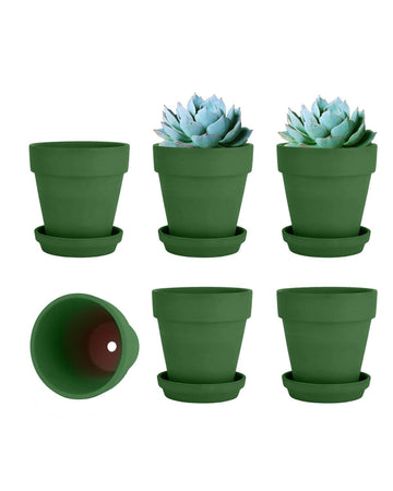 4 Inch Small Green Terracotta Plant Pots with Saucer - 6 Pack Clay Flowerpots with Drainage, Great for Indoor Outdoor