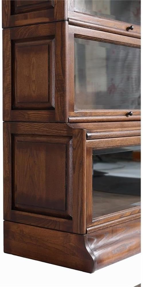 Traditional 5-Stacks Wood Barrister Bookcase, Walnut Finish, 78" H x 33" W x 16" D, Leaded Glass Top, Medium Brown