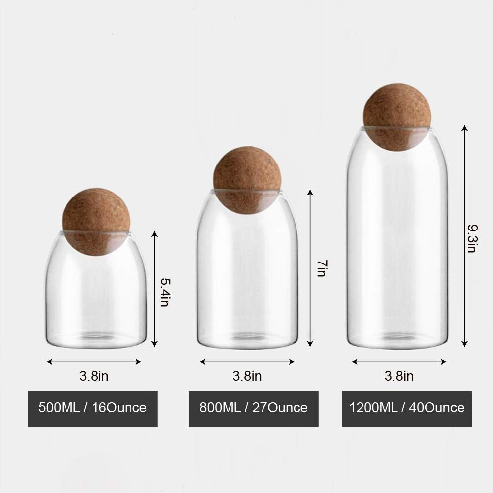 40Oz Clear Glass Storage Cute Canister Holder Ball Wood Cork Top, Modern Decorative Cylinder Container Jar