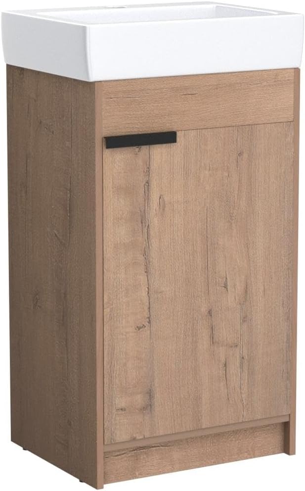 18-Inch Bathroom Vanity with Sink – Freestanding Storage Cabinet with Ceramic Basin, Soft-Close Door, Brown