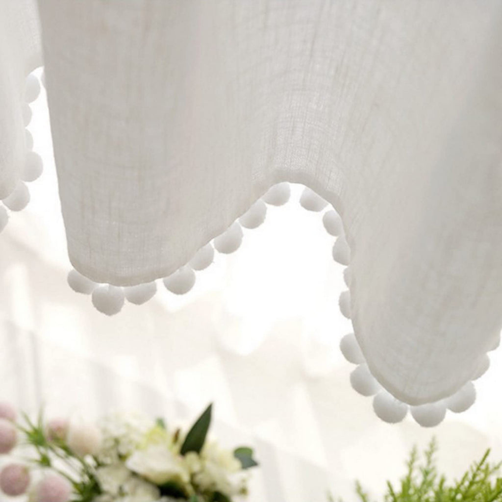Short Curtain for Small Window Solid White Sheer Cotton Linen with Pompom Tassel Window Treatment Valance Window