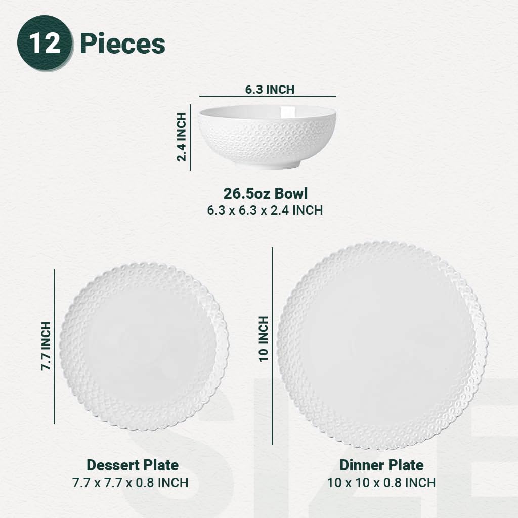 Dinnerware Set, 12 Piece Porcelain Dinnerware with Plates, Bowls and Dishes, Modern Dish Set for 4