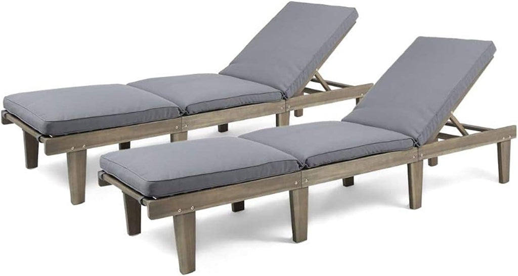 Outdoor Acacia Wood Chaise Lounge (Set of 2), Grey Finish/Dark Grey Cushion